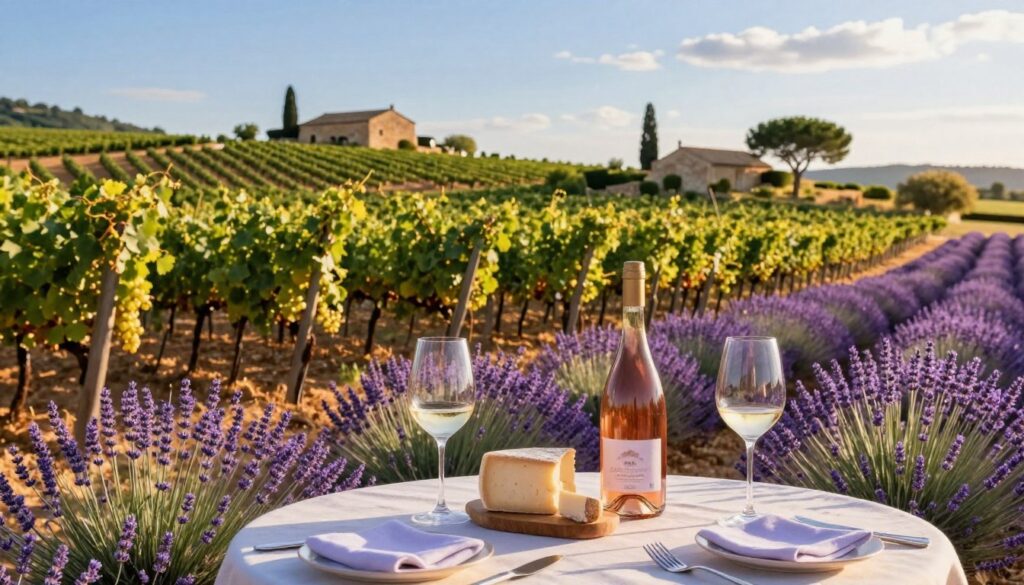 A picturesque scene in Provence showcasing the charm of private tours. In the foreground, an elegant table set for a wine tasting experience with a rustic bottle of rosé, glasses, and artisanal cheeses. The middle ground features a scenic vineyard with lush grapevines stretching across gently rolling hills, bathed in warm, golden sunlight, evoking a sense of tranquility. In the background, the iconic lavender fields are in full bloom, adding vibrant color with their rich purples, complemented by a rustic farmhouse under a bright blue sky. The lighting is soft and warm, suggesting a late afternoon ambiance. The mood is inviting and serene, capturing the essence of leisurely exploration in the heart of Provence.
