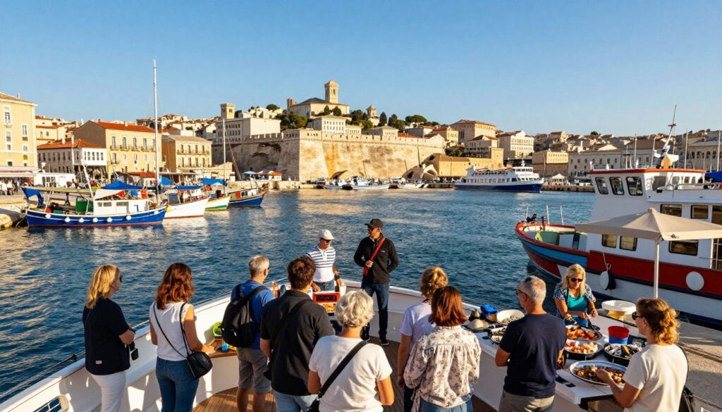 A vibrant scene at the Port of Marseille, capturing the excitement of adventure tours. In the foreground, a diverse group of tourists, dressed in casual but modest clothing, enthusiastically boarding a sleek boat with a friendly captain. In the middle ground, the bustling port is alive with activity: colorful fishing boats, a ferry departing, and vendors selling fresh seafood. The background showcases the stunning architecture of the Old Port, with its charming waterfront buildings under a bright blue sky, bathed in golden sunlight. The atmosphere is energetic and inviting, reflecting the thrill of embarking on a memorable excursion. Use a wide-angle lens to capture the expansive view, emphasizing the iconic landscape of Marseille in a warm, cheerful ambiance.