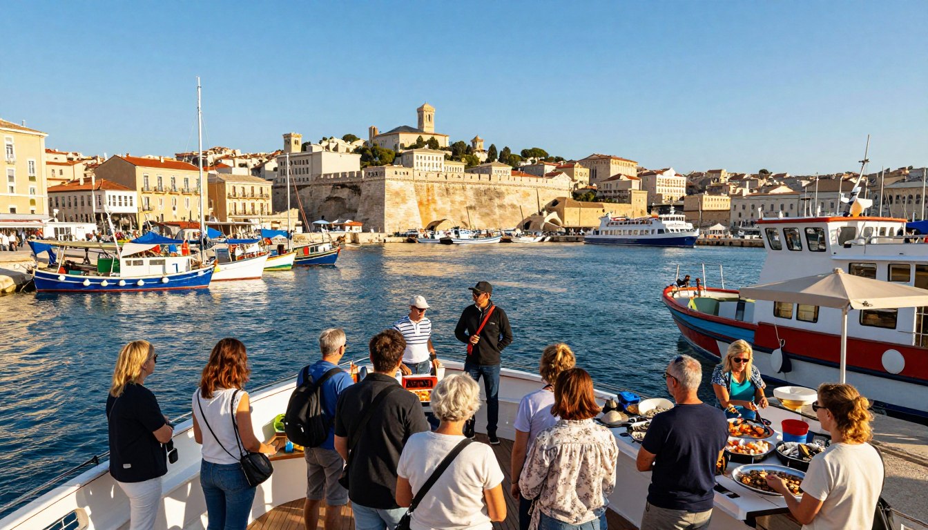A vibrant scene at the Port of Marseille, capturing the excitement of adventure tours. In the foreground, a diverse group of tourists, dressed in casual but modest clothing, enthusiastically boarding a sleek boat with a friendly captain. In the middle ground, the bustling port is alive with activity: colorful fishing boats, a ferry departing, and vendors selling fresh seafood. The background showcases the stunning architecture of the Old Port, with its charming waterfront buildings under a bright blue sky, bathed in golden sunlight. The atmosphere is energetic and inviting, reflecting the thrill of embarking on a memorable excursion. Use a wide-angle lens to capture the expansive view, emphasizing the iconic landscape of Marseille in a warm, cheerful ambiance.