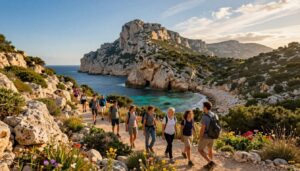 A breathtaking view of hikers traversing the rugged coastal trails of the Calanques from Luminy, surrounded by lush Mediterranean vegetation and dramatic limestone cliffs. In the foreground, a group of diverse hikers in modest casual clothing, energized and engaged in conversation as they navigate the path. The middle ground showcases a serene, azure bay with turquoise waters lapping against rocky shores, dotted with wildflowers in vibrant colors. In the background, towering cliffs rise majestically under a clear blue sky, with soft wisps of wispy clouds catching the warm sunlight. The scene is illuminated by golden hour lighting, casting a warm glow over the landscape, evoking a sense of adventure and tranquility amidst nature's grandeur. The perspective is slightly elevated, capturing both the hiking experience and the stunning geological formations in the distance.