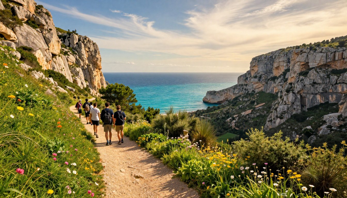 A breathtaking view of the best hiking trails in Luminy, showcasing vibrant greenery and rugged cliffs. In the foreground, a well-defined hiking path winds through lush vegetation, lined with colorful wildflowers. In the middle ground, a group of hikers in modest casual clothing pauses to admire the scenery, framed by towering limestone cliffs. The background features the sparkling turquoise waters of the Calanques, glistening under the warm golden sunlight of late afternoon. The sky is painted with soft, wispy clouds, adding to the serene atmosphere. The image is captured with a wide-angle lens, enhancing the expansive view, emphasizing the natural beauty and tranquility of the landscape, inviting viewers to explore this scenic adventure.