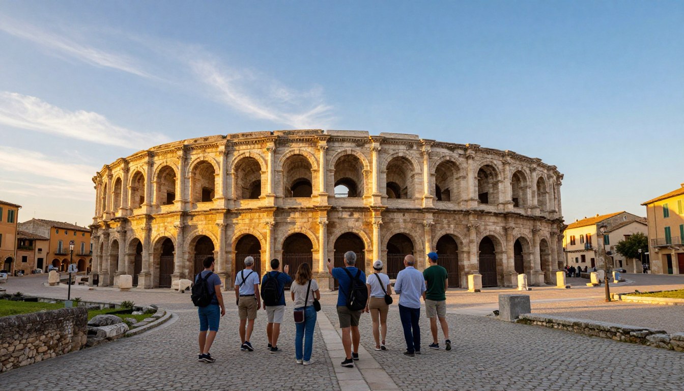 A guided walking tour through the ancient Roman city of Arles, depicting stunning, well-preserved ruins. In the foreground, a small group of tourists dressed in modest casual clothing, a knowledgeable guide animatedly pointing toward the amphitheater, showcasing its grandeur. In the middle ground, the iconic Arles amphitheater stands majestically, surrounded by hints of Roman architecture, such as columns and arches, infused with the warmth of late afternoon sunlight. The background features the soft hues of a Provence sunset, casting a golden glow over the charming cobblestone streets and historical buildings. The atmosphere is one of discovery and appreciation for history, with clear blue skies and a few wispy clouds enhancing the serene mood. The image is captured from a slightly low angle to emphasize the scale of the architecture against the sky.