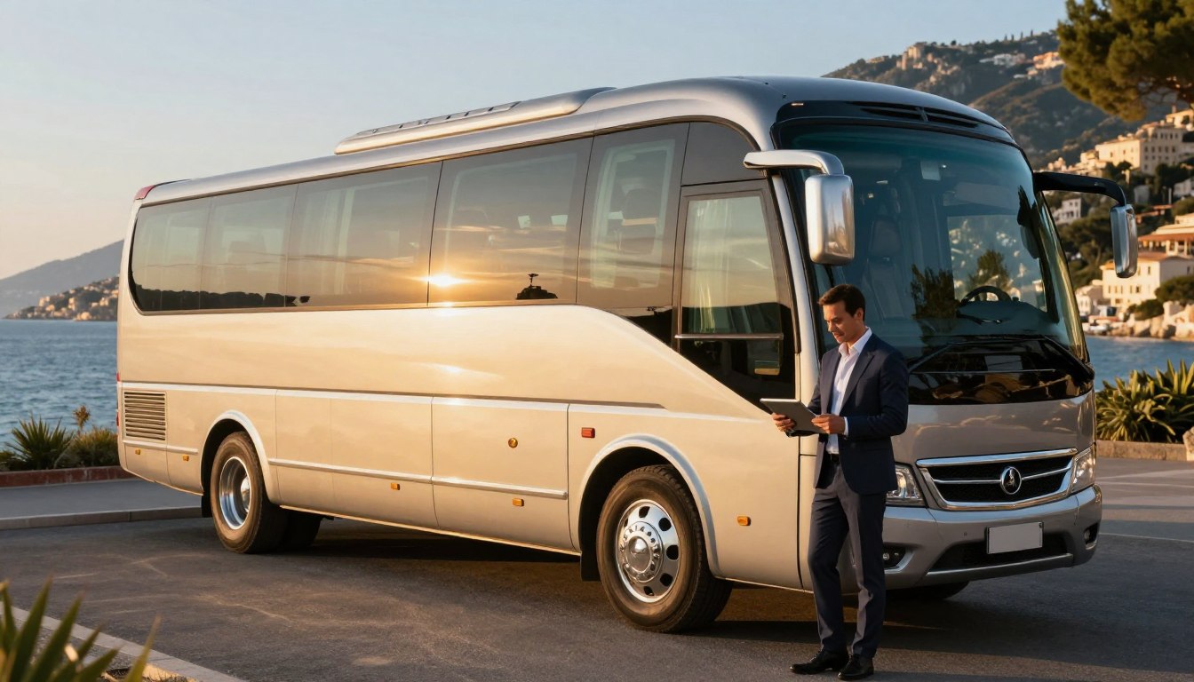 A luxurious coach, elegantly designed with plush leather seating and large panoramic windows, is parked against a stunning backdrop of the sun-kissed Riviera coastline. In the foreground, a confident professional, dressed in a tailored suit, examines a tablet, emphasizing the premium service aspect of the coach hire. The middle ground features the shining coach with polished chrome accents reflecting the vibrant hues of a late afternoon sun. The background reveals rolling hills and azure waters, encapsulating the essence of a high-end travel experience. The lighting is warm and inviting, casting soft shadows that evoke a sense of sophistication and comfort. The scene is framed with a wide-angle perspective, enhancing the grandeur of the coach and its scenic surroundings.