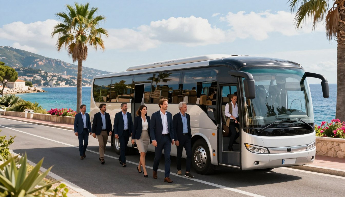 A luxurious group transportation scene set along the scenic route from Toulon to the Riviera. In the foreground, an elegant coach bus with large windows showcasing comfortable seating is parked beside a picturesque coastal road. Professional individuals, dressed in smart business attire, are boarding the bus with light smiles, signaling a sense of anticipation. The middle ground features rolling hills and the sparkling blue Mediterranean Sea, framed by green palm trees and colorful bougainvillea. The background captures a sunny sky with soft white clouds, casting gentle sunlight that enhances the vibrant colors. The overall mood is one of sophistication, efficiency, and the thrill of travel, emphasizing the appealing benefits of group transportation solutions in an upscale setting.