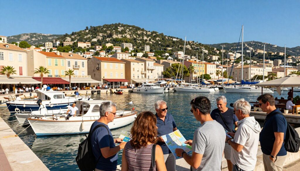 A picturesque coastal scene showcasing the vibrant Toulon Port during a sunny day. In the foreground, a group of tourists in modest casual clothing is excitedly discussing shore excursion options, with maps and brochures in hand. The middle ground features a variety of boats and yachts docked at the port, with some people boarding for excursions. Captivating local shops and seafood restaurants line the harbor, adding to the lively atmosphere. In the background, the stunning hills of Toulon rise majestically, covered in lush greenery under a clear blue sky. The lighting is bright and warm, evoking a cheerful mood. The scene is captured from a slightly elevated angle to provide a comprehensive view, using a wide-angle lens for depth and perspective.