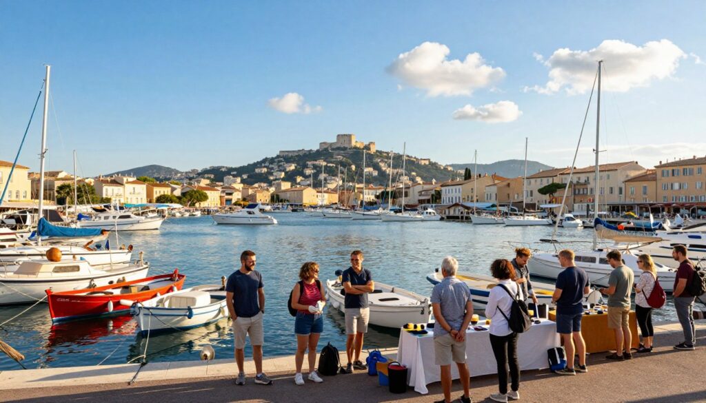 A picturesque day at Toulon Port, showcasing a vibrant waterfront filled with colorful boats and bustling activities. In the foreground, a small group of diverse tourists in modest casual clothing, smiling and enjoying the sunny day, while observing local artisans at their stalls. The middle ground features a variety of tour boats and yachts, with some docked and others setting sail. In the background, the stunning silhouette of the Toulon hills bathed in warm sunlight, creating a peaceful atmosphere. The sky is a brilliant blue with a few fluffy clouds, accentuating the inviting mood. Soft natural lighting casts gentle shadows, enhancing the vibrant colors of the scene, captured with a wide-angle lens to emphasize depth and activity at the port.