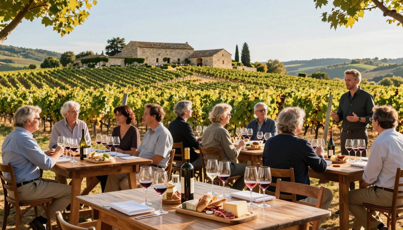 A picturesque vineyard in southern France during a wine tasting event. In the foreground, elegantly set wooden tables adorned with wine glasses and charcuterie boards, showcasing local cheeses and fresh bread. In the middle ground, groups of visitors in smart casual attire engage in conversation, savoring the rich colors of the wines while a knowledgeable guide describes the tasting notes. Rolling hills of grapevines stretch back, bathed in golden sunlight, creating a warm, inviting atmosphere. The background features a charming stone winery with rustic architecture under a clear blue sky. Soft, dappled lighting enhances the scene, evoking a sense of relaxation and enjoyment amidst the beauty of Provence.