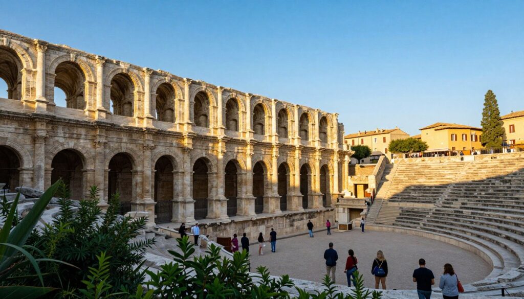 A stunning scene of the Ancient Roman Theatre of Arles, set under a clear blue sky at golden hour, showcasing the grand architecture of the well-preserved ruins. In the foreground, lush greenery frames the scene, with visitors dressed in modest casual clothing walking along the pathways, gazing in awe at the ancient stone structure. The middle ground features the impressive stone steps of the theatre, leading up to the ornate columned façade, while the background reveals the surrounding historical buildings of Arles bathed in warm sunlight. The atmosphere is vibrant and filled with a sense of history and exploration, evoking the rich cultural legacy of the ancient Roman era. Capture the mood with soft, natural lighting, and a slight low-angle perspective to emphasize the height and grandeur of the theatre.