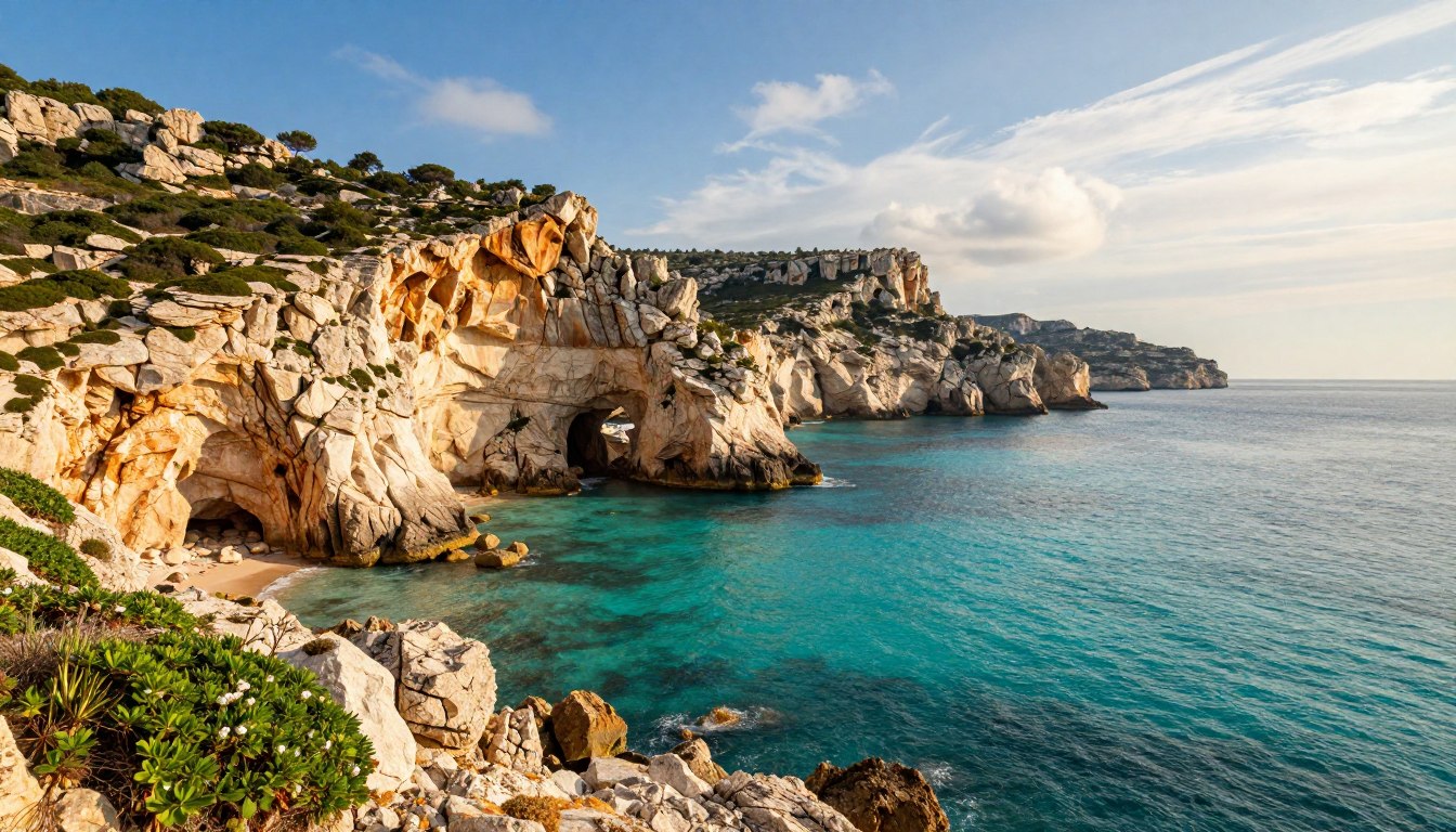 A stunning view of the limestone cliffs of Calanques National Park, capturing the dramatic rock formations jutting out over crystal-clear turquoise waters. In the foreground, a rocky shoreline with patches of vibrant green vegetation and small flowering plants, inviting exploration. The middle ground features the majestic cliffs towering above the sea, with intricate textures and details highlighting their weathered surfaces. In the background, a clear blue sky with soft wispy clouds, allowing sunlight to bathe the scene in warm, golden tones. The overall atmosphere is serene and inviting, evoking a sense of adventure and tranquility. The scene should be captured from a slightly elevated angle, suggesting a vantage point from a boat, emphasizing the grandeur of the cliffs and the beauty of the natural landscape.