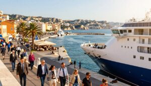 A vibrant scene at Marseille's bustling cruise port during a sunny day, capturing the essence of departure. In the foreground, a sleek modern cruise ship is docked, with passengers in smart casual clothing eagerly boarding, their faces filled with anticipation. The middle ground showcases the lively port area with palm trees swaying gently, colorful buildings, and inviting cafes filled with travelers. In the background, the azure Mediterranean coast stretches out, framed by rugged cliffs and the soft glow of sunlight reflecting on the water. The image is lit with warm daylight, creating a welcoming and joyful atmosphere. A wide-angle lens captures the breadth of the scene, emphasizing the beauty of Marseille as a gateway to adventure.