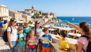 A vibrant scene in Marseille showcasing a family-friendly tour, where children and adults explore together. In the foreground, a diverse family is engaged in a guided tour, smiling and pointing at local landmarks. The children, wearing colorful casual clothing, hold maps and binoculars, while the parents are comfortably dressed in modest casual attire. In the middle ground, the historic architecture of Marseille, with its charming buildings and bustling market stalls, adds to the atmosphere. The background features the deep blue Mediterranean Sea under a sunny sky, with a few sailboats gliding. The lighting is bright and cheerful, capturing the essence of a lively day out. The perspective is slightly low-angle to emphasize the joy and excitement of family exploration. Aim for a warm and inviting mood, celebrating togetherness and adventure.