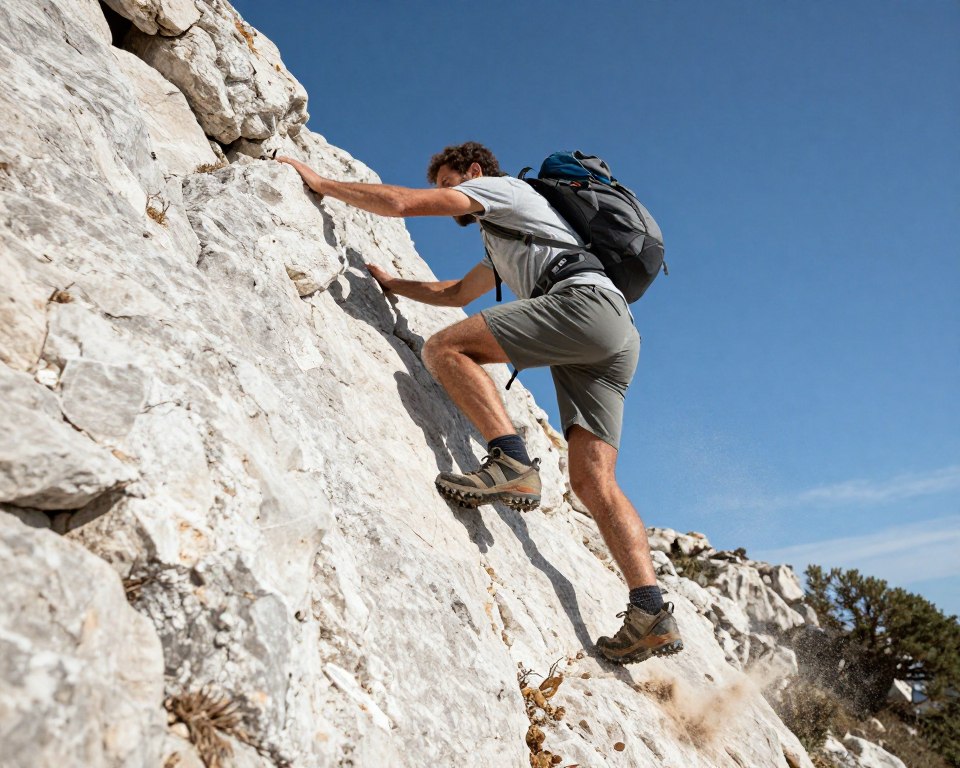 Action shot of hiker scrambling over rocks on Calanques trail