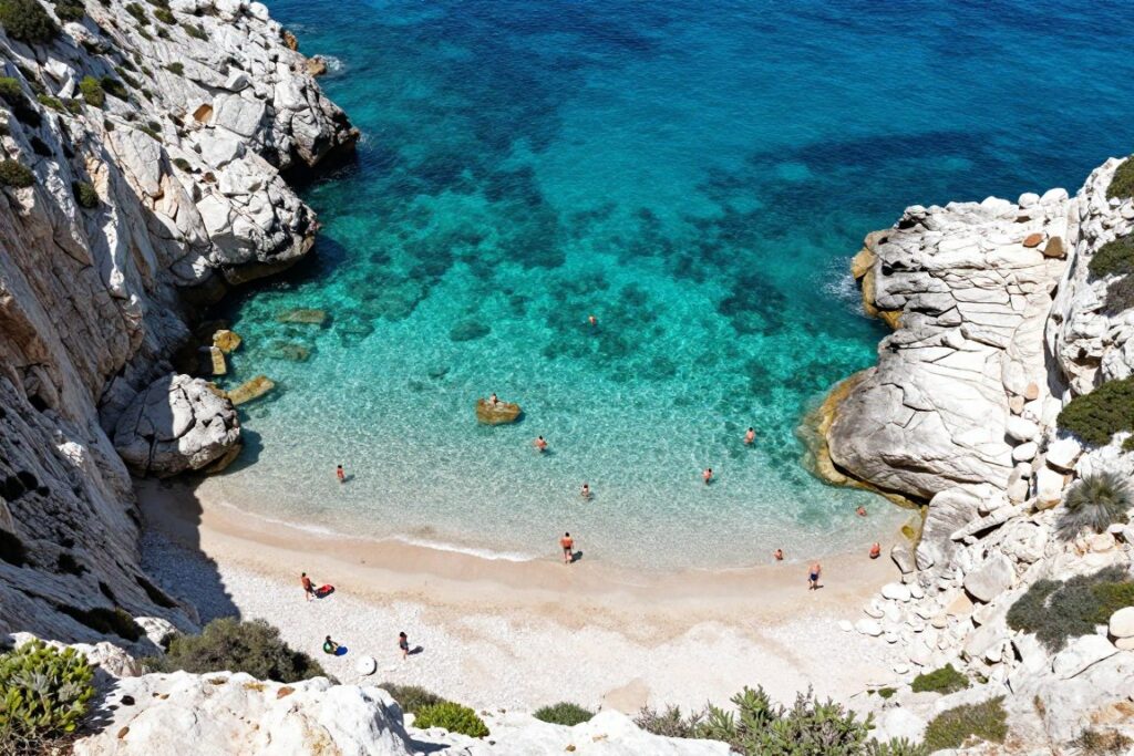 Aerial perspective of Calanque cove with turquoise water and white beaches from clifftop