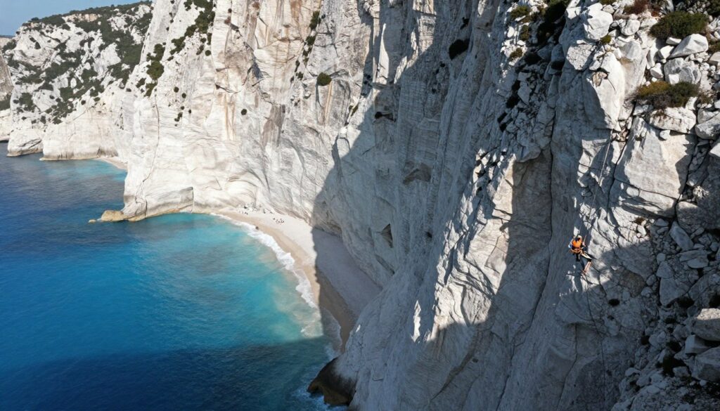 Calanque d'En-Vau with dramatic white limestone cliffs and climbers on rock faces