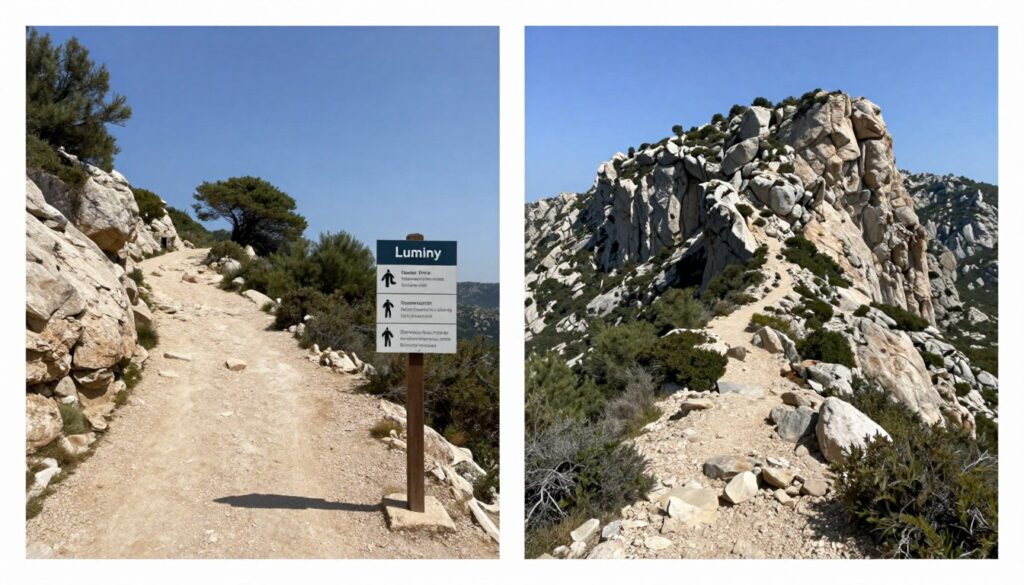Comparison view showing Luminy trail advantages versus other Calanques access points