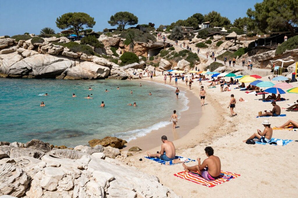 Crowded beach at Calanque during summer peak season with swimmers