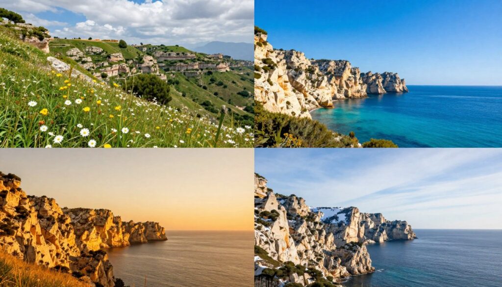 Four seasons comparison of same Calanques viewpoint showing seasonal changes