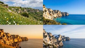 Four seasons comparison of same Calanques viewpoint showing seasonal changes
