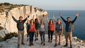 Happy hikers at scenic Calanques viewpoint celebrating successful adventure