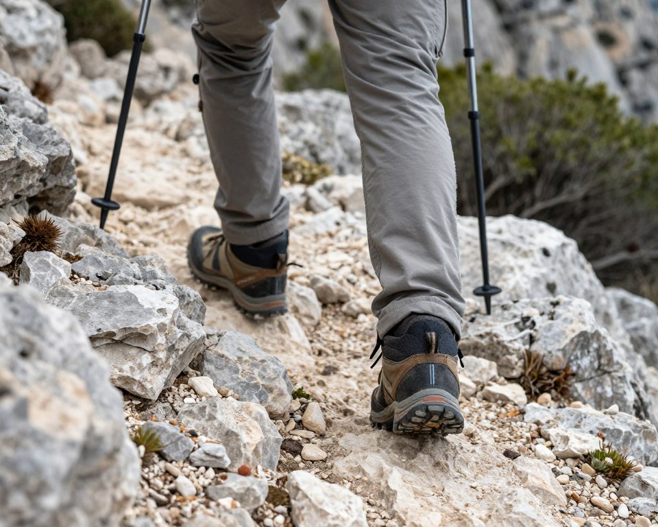 Hiker on Calanques trail wearing proper hiking boots and sun protection gear