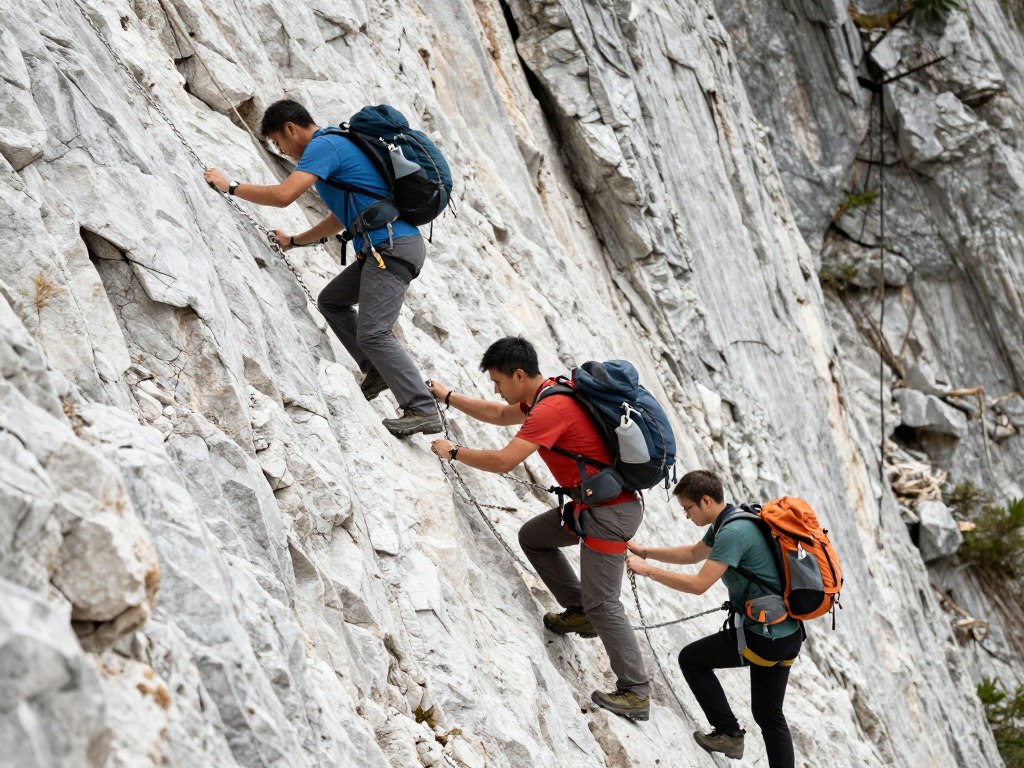 Hikers using fixed chains during steep descent to Calanque d'En-Vau