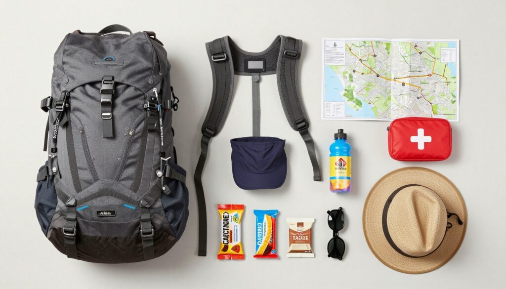 Hiking gear and equipment laid out for Calanques trail preparation