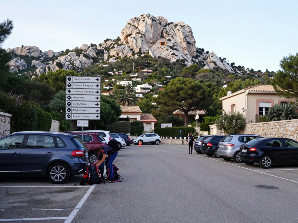Luminy campus parking area with trail signs pointing to Calanques National Park hiking routes