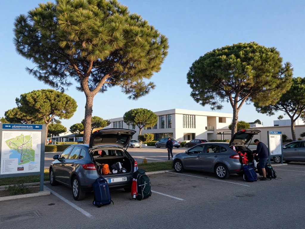 Luminy parking area with cars and information boards for Calanques trails