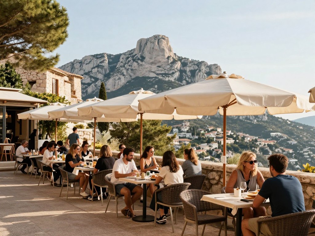 Outdoor cafe terrace in Marseille with view towards Calanques