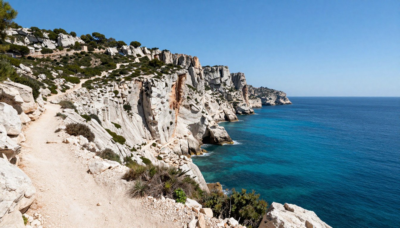 Panoramic view of Calanques hiking trails from Luminy with white limestone cliffs and Mediterranean coast