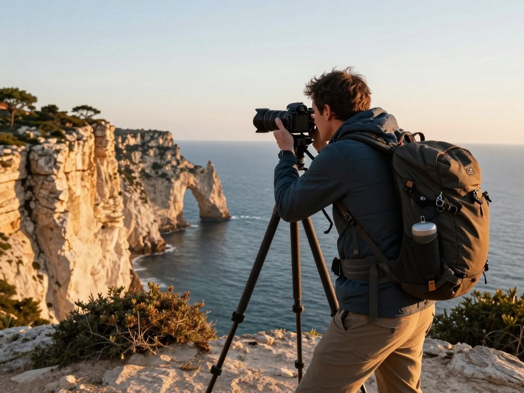 Photographer with camera and tripod capturing Calanques landscape