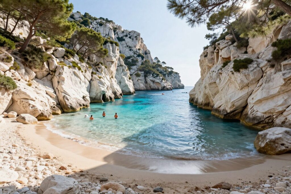 Port Pin calanque with turquoise water surrounded by white limestone cliffs and small rocky beach