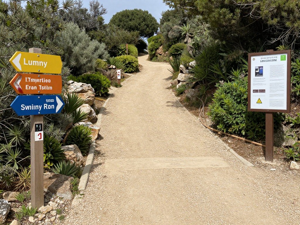 Well-maintained trail with clear signage at Luminy showing superior infrastructure
